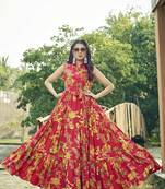 Women red floral printed sleeveless tie-up neck tiered flared maxi dress
