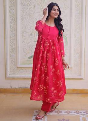 Womens new fancy mul chanderi with embroidered work gown set 1
