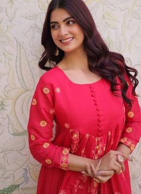 Womens new fancy mul chanderi with embroidered work gown set 2