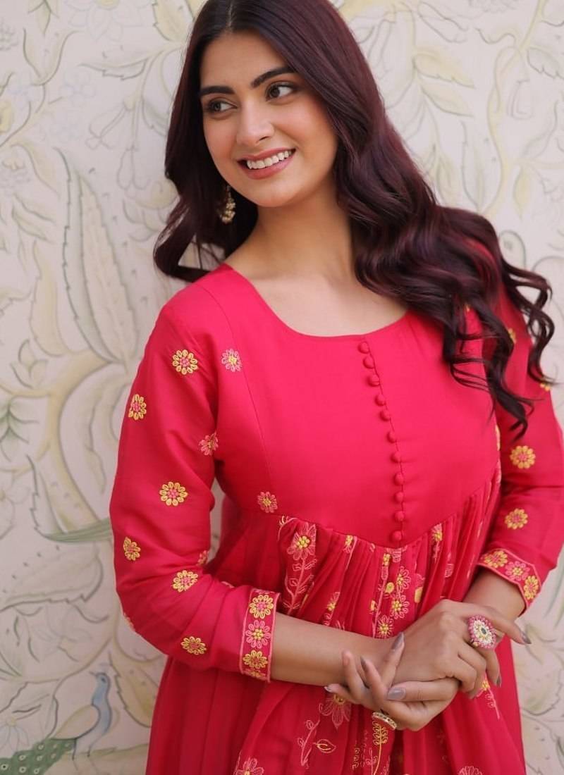 Womens new fancy mul chanderi with embroidered work gown set