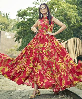 Women red floral printed sleeveless tie-up neck tiered flared maxi dress 3
