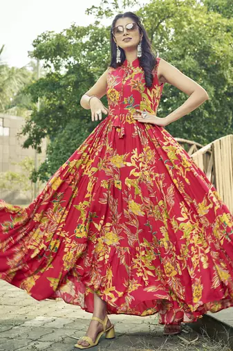 Women red floral printed sleeveless tie-up neck tiered flared maxi dress