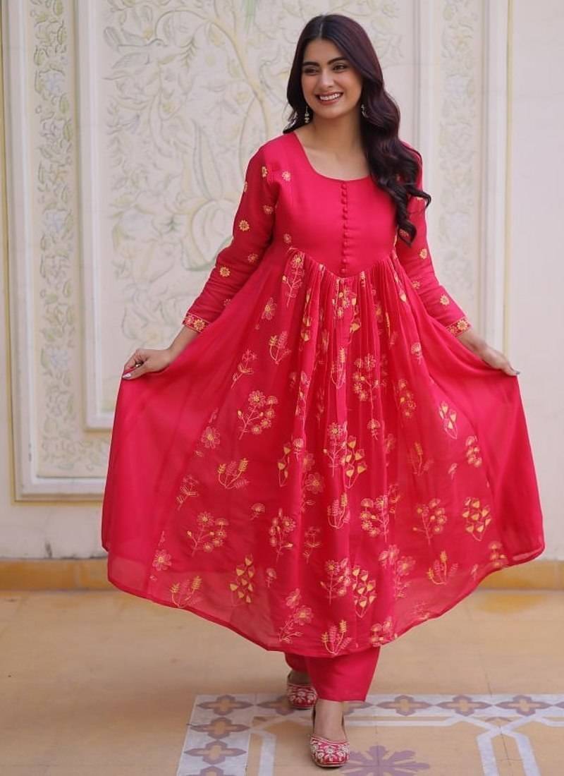 Womens new fancy mul chanderi with embroidered work gown set