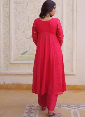 Womens new fancy mul chanderi with embroidered work gown set 4