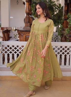 Womens new fancy mul chanderi with embroidered work gown set 1