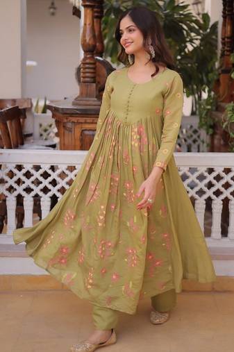 Womens new fancy mul chanderi with embroidered work gown set