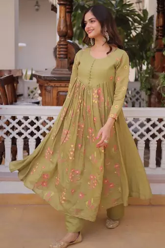 Womens new fancy mul chanderi with embroidered work gown set