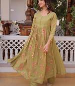 Womens new fancy mul chanderi with embroidered work gown set
