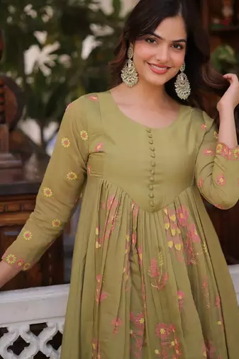Womens new fancy mul chanderi with embroidered work gown set