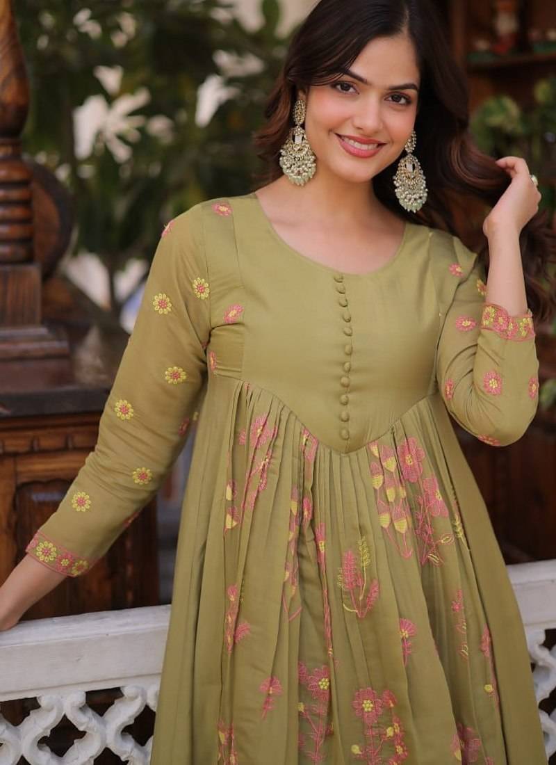 Womens new fancy mul chanderi with embroidered work gown set