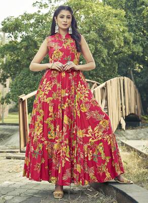 Women red floral printed sleeveless tie-up neck tiered flared maxi dress 5
