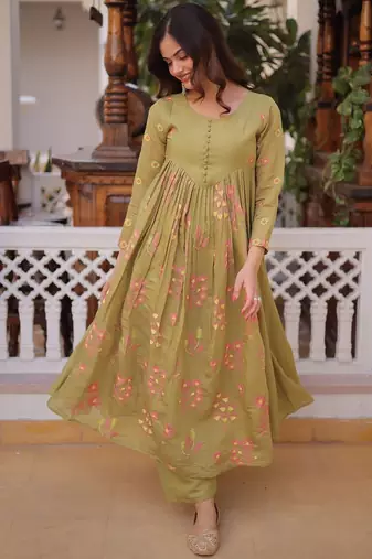 Womens new fancy mul chanderi with embroidered work gown set