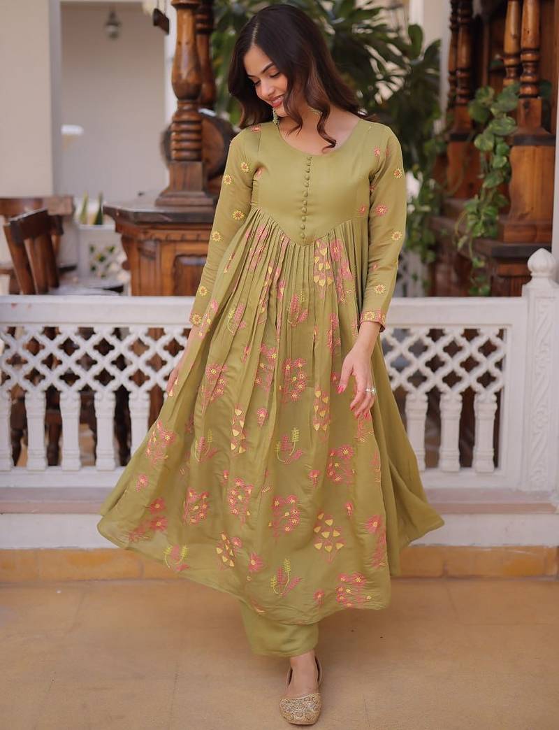 Womens new fancy mul chanderi with embroidered work gown set