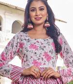 Women pink floral printed pleated anarkali gown