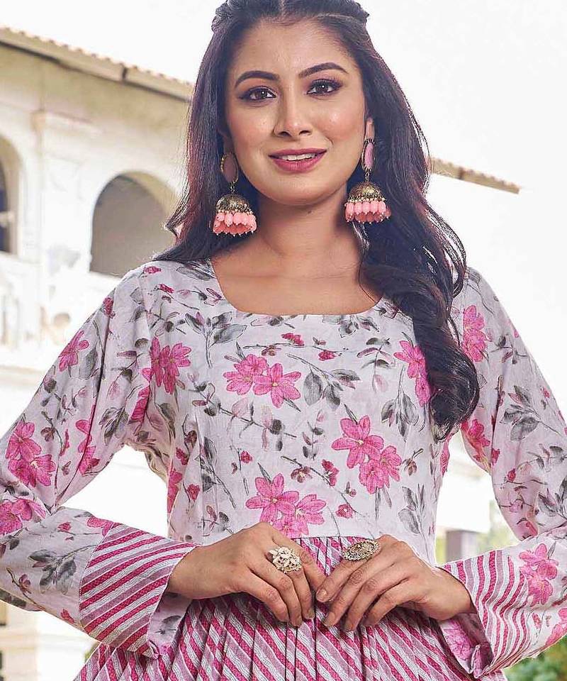 Women pink floral printed pleated anarkali gown