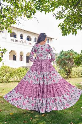Women pink floral printed pleated anarkali gown 2