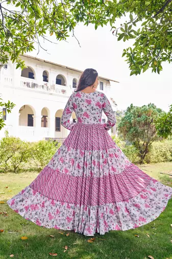 Women pink floral printed pleated anarkali gown