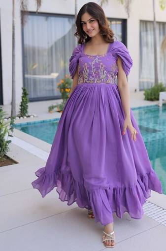 Womens new fancy mul chanderi with embroidered work gown set