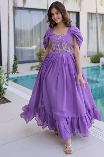 Womens new fancy mul chanderi with embroidered work gown set