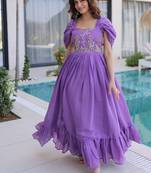 Womens new fancy mul chanderi with embroidered work gown set