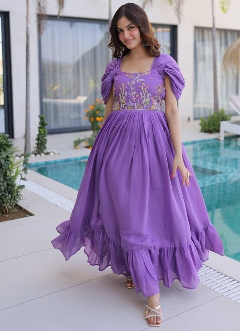 Womens new fancy mul chanderi with embroidered work gown set