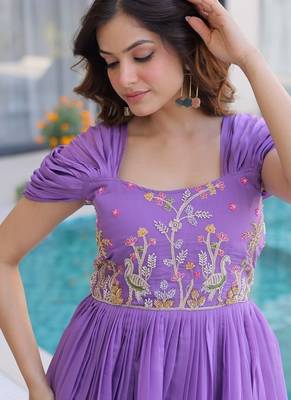 Womens fancy mul chanderi with embroidered work gown set 2