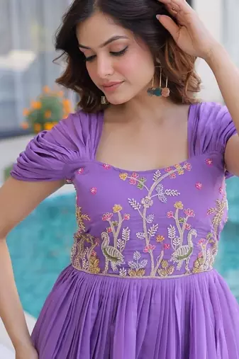 Womens new fancy mul chanderi with embroidered work gown set