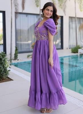 Womens fancy mul chanderi with embroidered work gown set 3