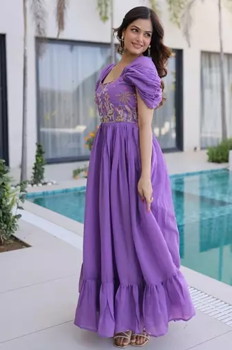 Womens new fancy mul chanderi with embroidered work gown set