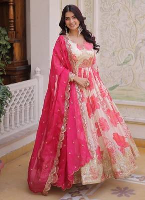 Womens trending digital printed russian silk with embroidery zari sequins-work gown set 1