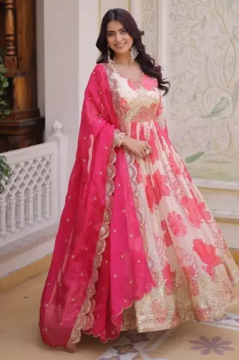 Womens new trending digital printed russian silk with embroidery zari sequins-work gown set