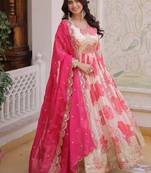 Womens trending digital printed russian silk with embroidery zari sequins-work gown set