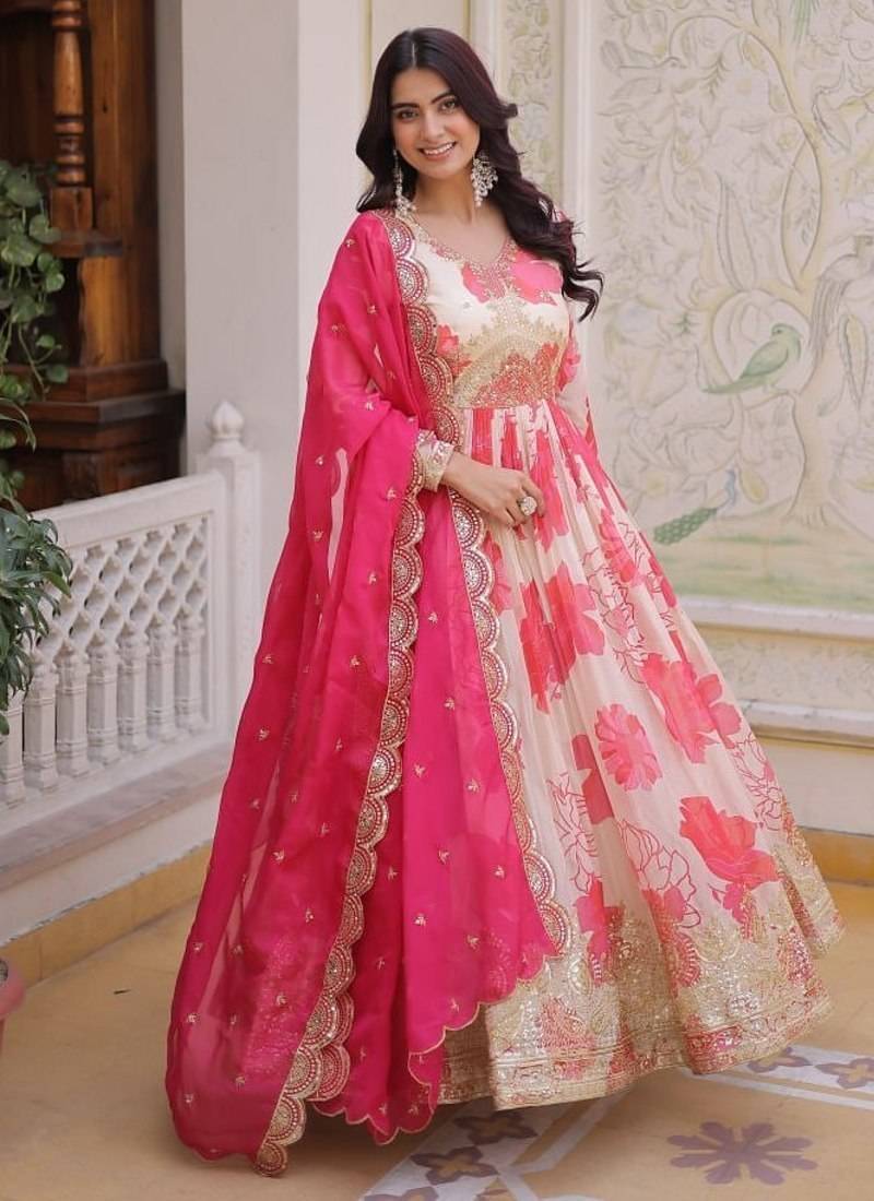 Womens new trending digital printed russian silk with embroidery zari sequins-work gown set