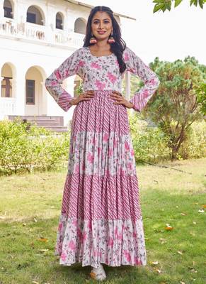 Women pink floral printed pleated anarkali gown 5