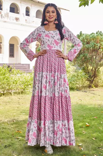 Women pink floral printed pleated anarkali gown