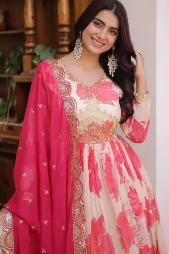 Womens trending digital printed russian silk with embroidery zari sequins-work gown set