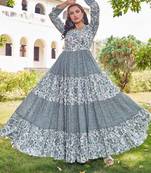 Women green floral printed pleated anarkali gown