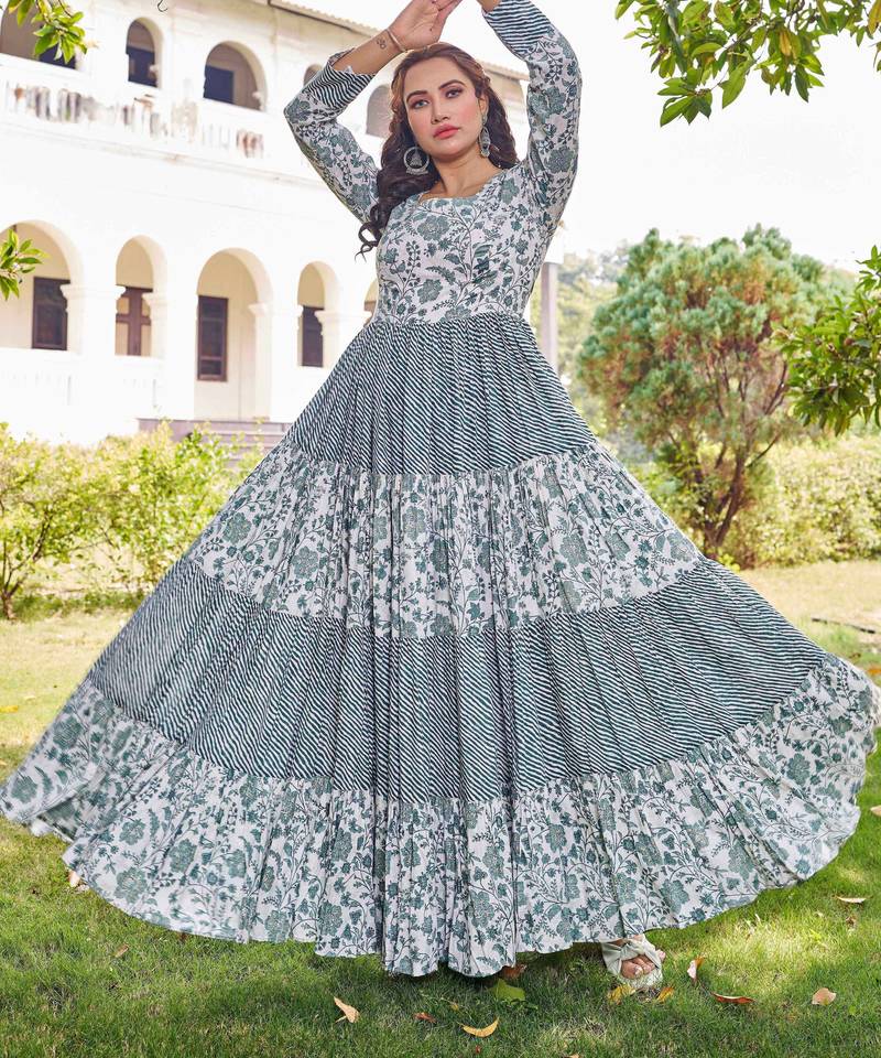 Women green floral printed pleated anarkali gown