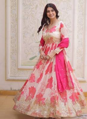 Womens trending digital printed russian silk with embroidery zari sequins-work gown set 3