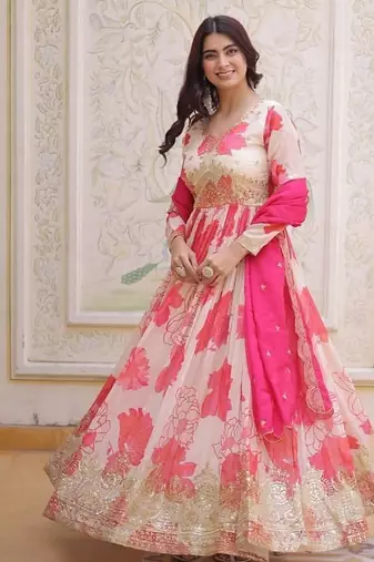 Womens trending digital printed russian silk with embroidery zari sequins-work gown set