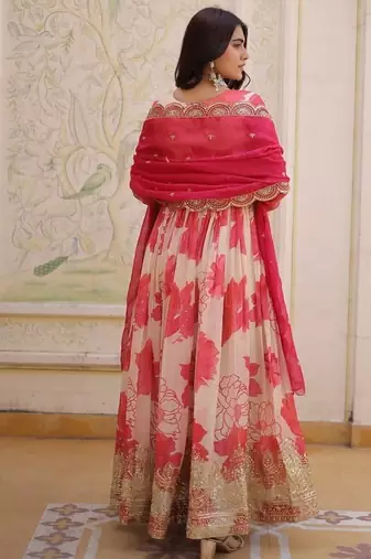Womens trending digital printed russian silk with embroidery zari sequins-work gown set