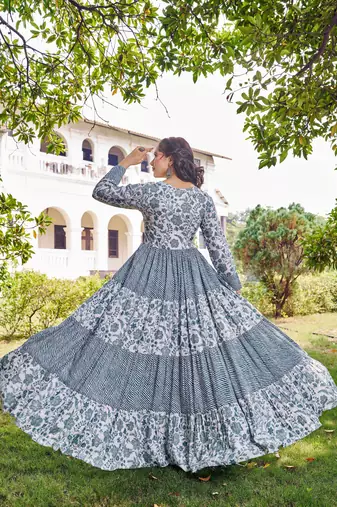 Women green floral printed pleated anarkali gown