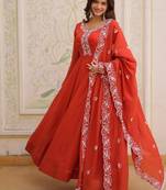 Womens fancy mul chanderi with embroidered work gown set