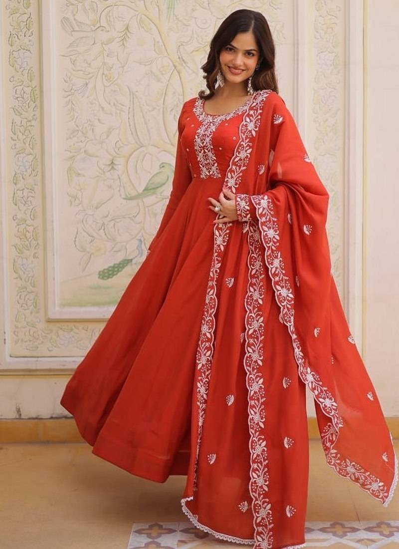Womens new fancy mul chanderi with embroidered work gown set