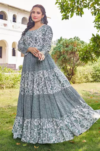 Women green floral printed pleated anarkali gown