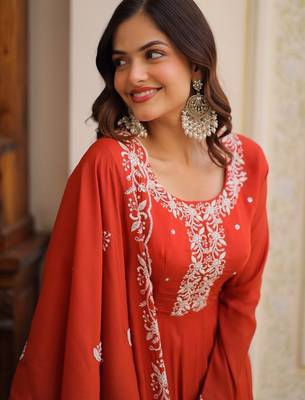 Womens fancy mul chanderi with embroidered work gown set 3