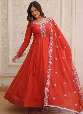 Womens fancy mul chanderi with embroidered work gown set 4