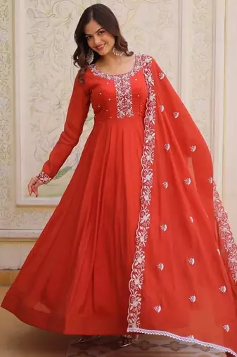Womens new fancy mul chanderi with embroidered work gown set