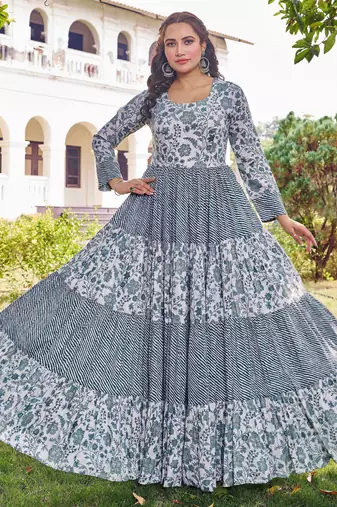 Women green floral printed pleated anarkali gown