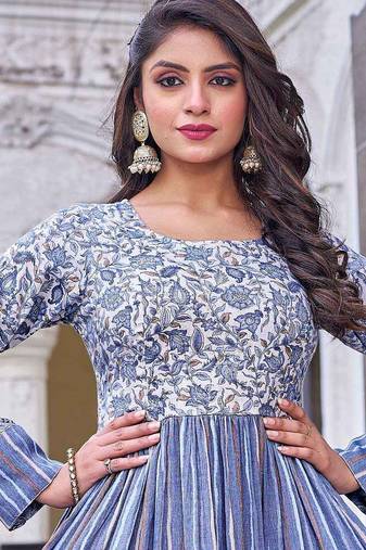 Women grey floral printed pleated anarkali maxi gown